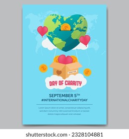 Charity Day September 5th poster design with earth balloon hearth shapes and coin illustration