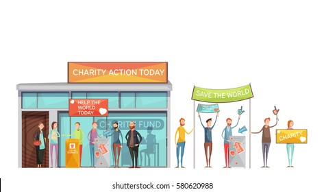 Charity decorative icons set of people with placards participating in meetings and events flat vector Illustration
