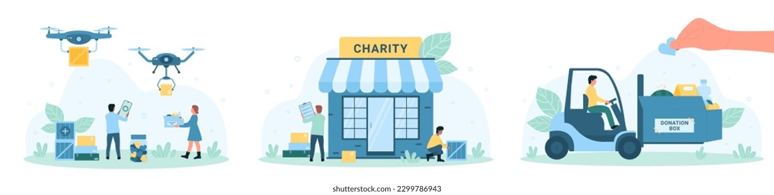 Charity delivery service set vector illustration. Cartoon tiny people drive forklift with boxes of humanitarian aid, volunteers deliver parcels with medicines and food using drones from warehouse