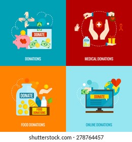 Charity design concept set with food and medical donations flat icons isolated vector illustration