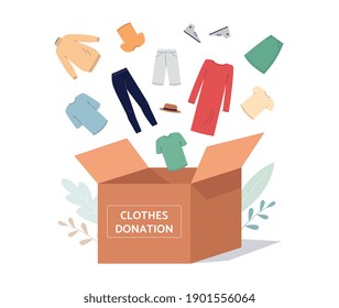 Charity And Donate Of Clothing For Poor People Banner With Giant Cardboard Box, Flat Vector Illustration Isolated On White Background. Social Volunteering And Donation.