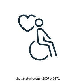 Charity And Donate Concept. Handicap Patient In Wheelchair Line Icon. Volunteer Care For Disabled Linear Pictogram. Caregiver Icon. Care And Help Service. Editable Stroke. Vector Illustration.