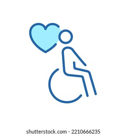 Charity And Donate Concept. Handicap Patient In Wheelchair Line Icon. Volunteer Care For Disabled Linear Pictogram. Caregiver Icon. Care And Help Service. Editable Stroke. Vector Illustration.