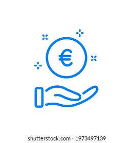 Charity, Donate, Give and Help concept. Pay, Save and Invest Money Line Icon. Hand with a Coin Line Icon. Give Alms Icon. Symbol Euro. Editable Stroke. Vector illustration. svg