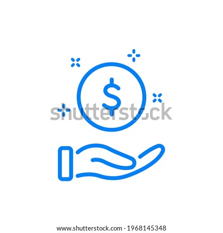 Charity, Donate, Give and Help concept. Pay, Save and Invest Money Line Icon. Hand with a Coin Line Icon. Give Alms Icon. Symbol Dollar. Editable Stroke. Vector illustration.