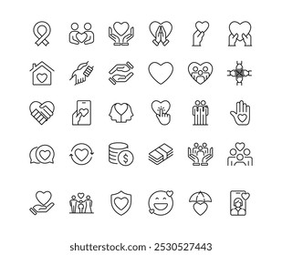 Charity and Donate icons. love, hearth, people, hope, care, volunteer. editable stroke. vector illustration.