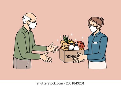 Charity and donating food concept. Young woman volunteer in medical protective mask giving Box with donation word full of products food for elderly man vector illustration  svg
