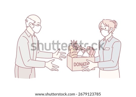 Charity and donating food concept. Young woman volunteer in medical protective mask giving Box with donation word full of products food for elderly man vector illustration