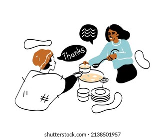 Charity and donation abstract concept. Young woman pours delicious hot soup into plate and gives it to homeless or poor person. Volunteer feeds needy. Cartoon flat vector illustration in doodle style