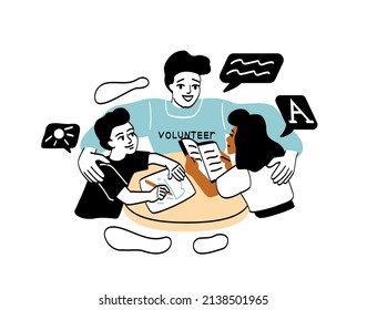 Charity And Donation Abstract Concept. Young Man Plays And Spends Time With Orphans From Orphanage. Volunteer Helps Young Children And Entertains Them. Cartoon Flat Vector Illustration In Doodle Style