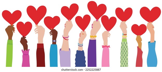 Charity donation and Arms and hands hold heart in hand. Diverse people with heart. Multicultural and multiethnic crowd..