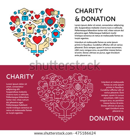 Charity and donation banner design template with vector graphic flat icon elements set in heart form. Card flyer poster illustration with your text for volunteer center and fundraising event