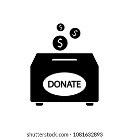 Charity donation box with coins, money vector icon