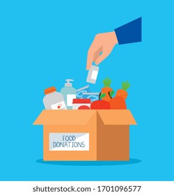 charity donation box with food and hand vector illustration design
