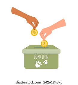 Una caja de donaciones de caridad y manos lanzando monedas. Voluntariado y bienestar animal. Donar dinero a animales sin hogar. Ilustración vectorial en el estilo plano