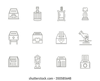 Charity and donation. Boxes for donation. Orphanages and animal shelters, medicine donations. Thin line style vector icons set. Design elements for website, mobile and business. 