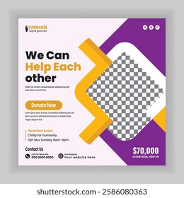 Charity donation campaign Social media banner and Humanitarian charity online post, Fundraiser square poster design template