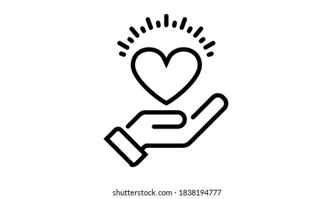 Charity donation care hope vector line icon. Hands with heart. Friendship, love, assistance, volunteer work, giving money, clothing, food, medicines, social responsibility, Interaction, support