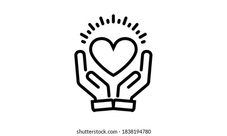 Charity Donation Care Hope Vector Line Icon. Hands With Heart. Friendship, Love, Assistance, Volunteer Work, Giving Money, Clothing, Food, Medicines, Social Responsibility, Interaction, Support
