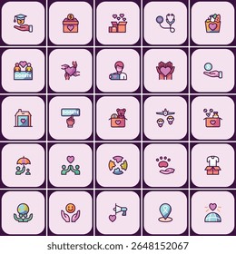 Charity and donation color line icon set, symbols of social responsibility