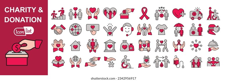 Charity and Donation colored icon set. Help, volunteer, donated, assistance, sharing and solidarity symbol. Solid icons vector illustration
