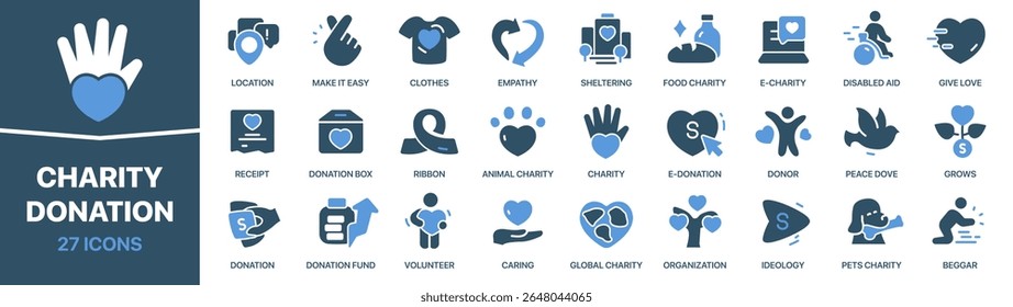 Charity and donation colored signed icon collection. Set of fill Charity and donation icons. UI icon set. Colored icons pack. Vector illustration