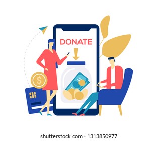 Charity and donation - colorful flat design style illustration on white background. A composition with male, female characters donating money, using smartphones to support a fund, organization