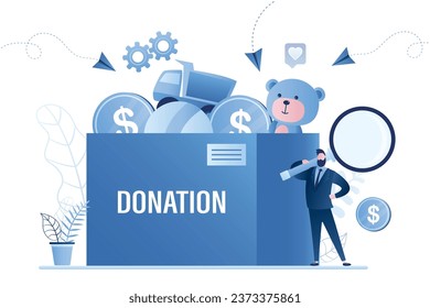 Charity donation concept banner.  Male volunteer with magnifying glass looking for and collecting donations. Toys and money in box. Male social worker near big donation box. Flat vector illustration