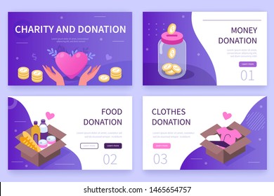 Charity and donation concept  banners templates. Can use for backgrounds, infographics, hero images. Flat modern vector illustration.