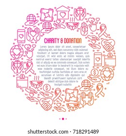 Concepto de caridad y donación en círculo con íconos de línea delgada relacionados con organizaciones sin fines de lucro, recaudación de fondos, crowdfunding y proyectos de caridad. Ilustración vectorial para banner, medios impresos.