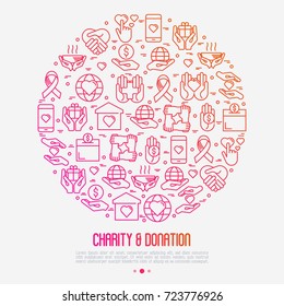 Charity And Donation Concept In Circle With Thin Line Icons Related To Nonprofit Organizations, Fundraising, Crowdfunding And Charity Project. Vector Illustration For Banner, Print Media.