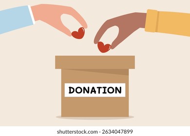 Charity donation concept. Community sharing money clothing shoes books or organs to foundation. Global international cooperation humanitarian. Human hand put heart in the box vector flat design.