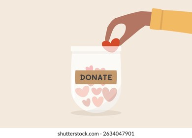 Charity donation concept. Community sharing money clothing shoes books or organs to foundation. Global international cooperation humanitarian. Human hand put heart in the jar vector flat design.