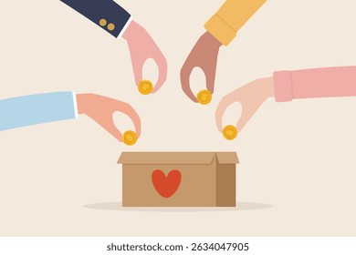 Charity donation concept. Community sharing money clothing shoes books or organs to foundation. Global international cooperation humanitarian. Human hand put coin in the box vector flat design.