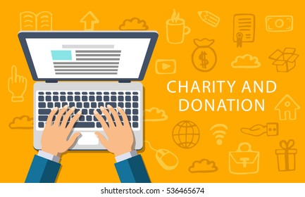 Charity and Donation concept. Flat style web banner with doodle icons in background, top view. Vector illustration.