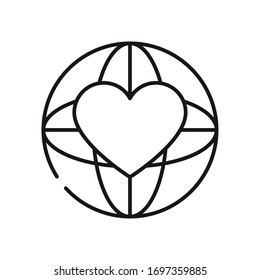 concepto de caridad y donación, esfera global con icono cardíaco sobre fondo blanco, estilo de línea, ilustración vectorial