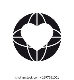 charity and donation concept, global sphere with heart icon over white background, silhouette style, vector illustration