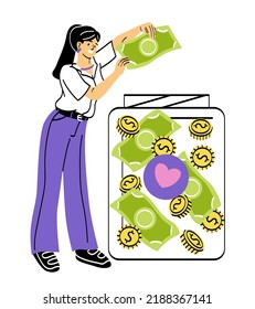 Charity And Donation Concept. Kind Girl Saves Money, Coins And Banknotes In Jar Or Piggy Bank. Volunteer Provides Financial Assistance To People In Need Or Poverty. Cartoon Flat Vector Illustration