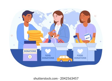 Charity and donation concept. Men and women give toys, food, clothes and money to people in need. Kind volunteers give warmth and care. Cartoon flat vector illustration isolated on white background