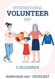 Concepto de caridad y donación. Afiche del día internacional del voluntario. Ayuda social a una pobre mujer con un niño con juguetes y ropa. Atención y apoyo a las personas necesitadas. Ilustración del vector