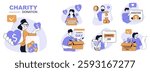 Charity donation concept set in flat web design. People in isolated scenes holding donation box, putting coins and sending money in apps, volunteers supporting and helping. Vector illustrations.