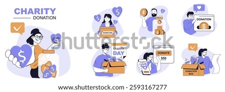 Charity donation concept set in flat web design. People in isolated scenes holding donation box, putting coins and sending money in apps, volunteers supporting and helping. Vector illustrations.