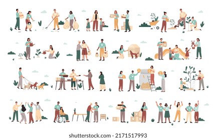 Charity and donation concept. Set of male and female volunteers walking dogs from shelter, feeding homeless people, taking care of nature. Cartoon flat vector collection isolated on white background