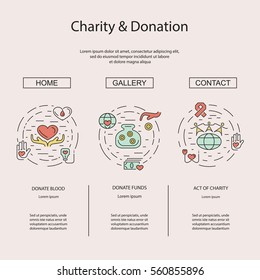 Charity and donation concept set for web banners, printed materials, infographics, websites. Creative icons in thin line flat design. Vector illustration eps10
