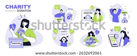 Charity donation concept set for web design. Collection with people putting coins in donation box, sending money in apps, sharing hope and help. Flat vector illustration isolated on white background.