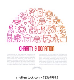 Charity and donation concept with thin line icons related to nonprofit organizations, fundraising, crowdfunding and charity project. Vector illustration for banner, web page, print media.