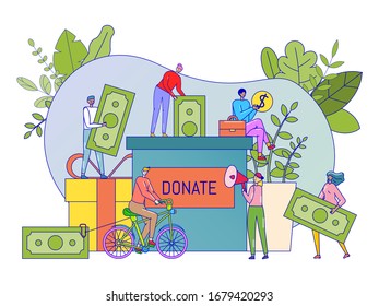 Wohltätigkeitsspendenkonzept, winzige Leute stecken Geld in Schachtel, Cartoon-Figuren in flachem Stil, Vektorillustration-Illustration. Fröhliche Männer und Frauen spenden Geld für wohltätige Projektkampagne, helfen mit freiwilliger Hilfe