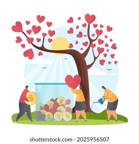 Charity and donation concept. Volunteers collect hearts and coins from donation tree. Metaphor for helping people in need. Cartoon contemporary flat vector illustration isolated on white background