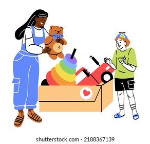 Charity and donation concept. Young kind girl collects toys in box for little orphans in shelter. Smiling volunteer giving teddy bear to boy. Humanism and love. Cartoon flat vector illustration