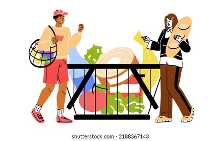 Charity and donation concept. Young kind guy and girl collect food or products for needy, homeless or poor people. Volunteers provide humanitarian aid or support. Cartoon flat vector illustration